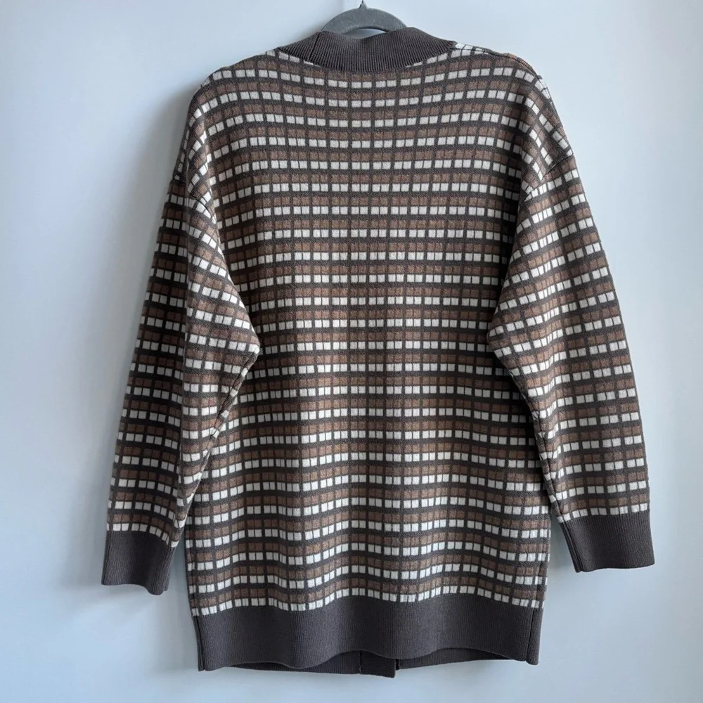 Aritzia Babaton Lacer Merino Wool Cardigan Sweater Brown White Checkered Small - Picture 7 of 17